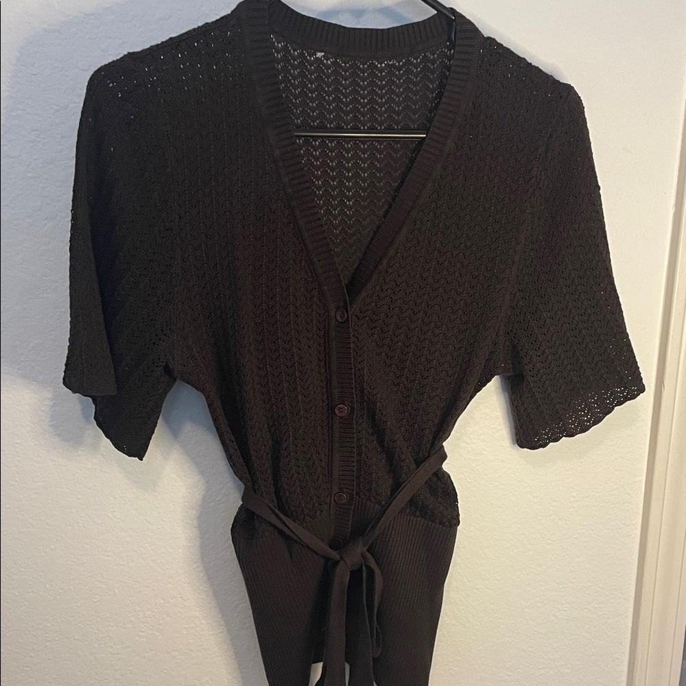 Women's Brown Short-Sleeve Knit Button-Front Cardigan with Tie Waist